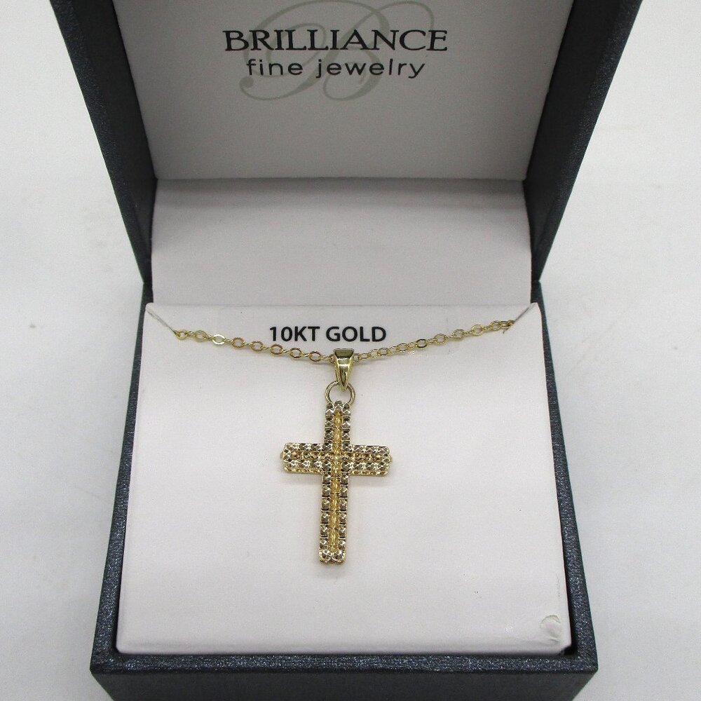 BRILLIANCE 10 KT Yellow Gold Necklace Fancy Cross Pendant 18" Chain